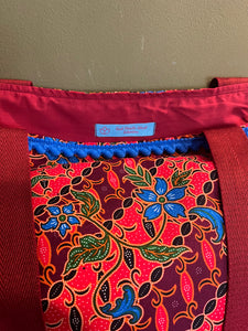 Tote bag - red, burgundy and blue diagonal floral with pom-pom trim