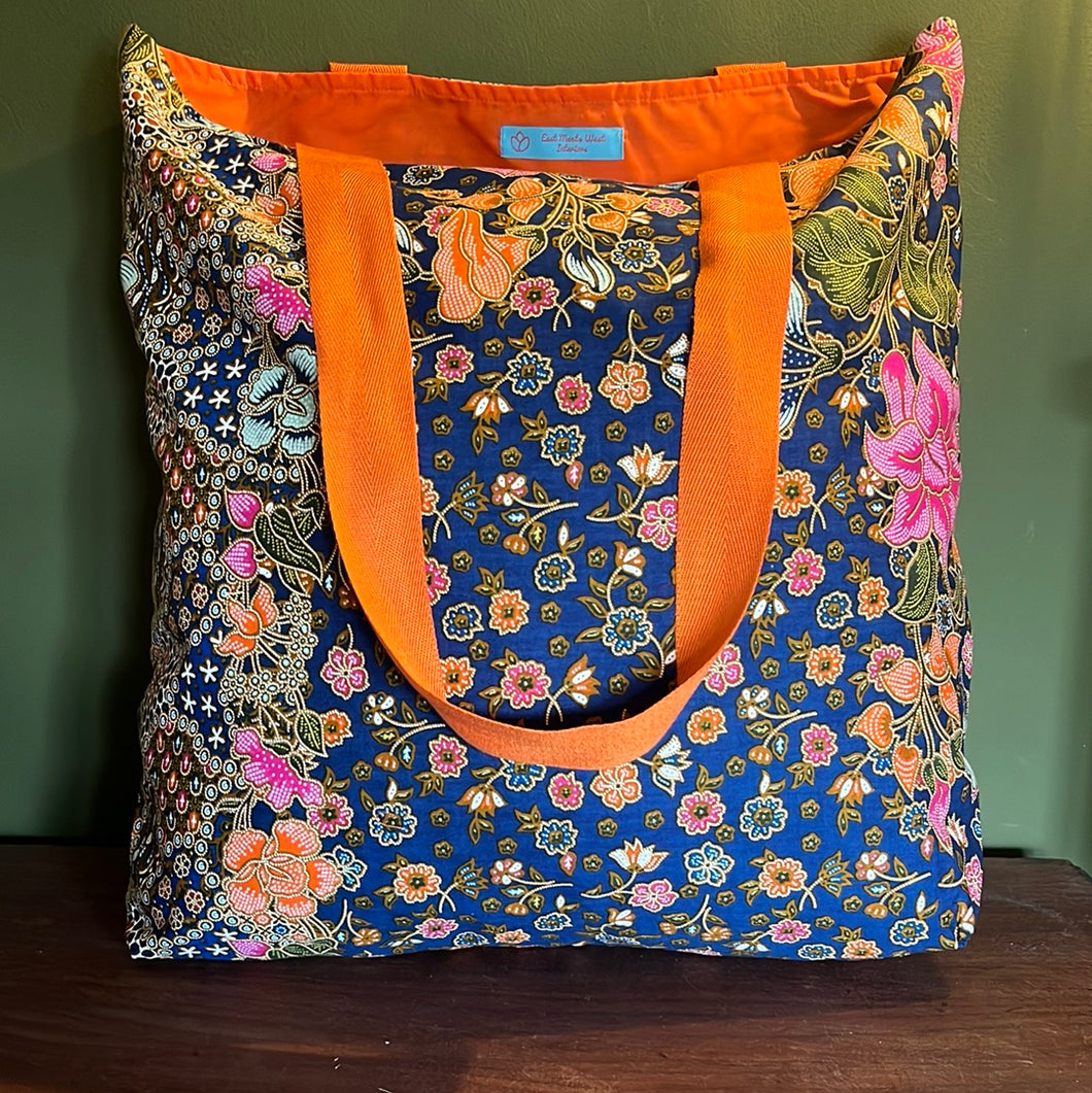 Tote Bag royal blue and orange floral batik print