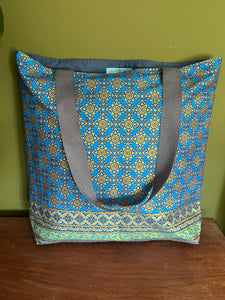 Tote Bag - turquoise and green geometric sunflower print