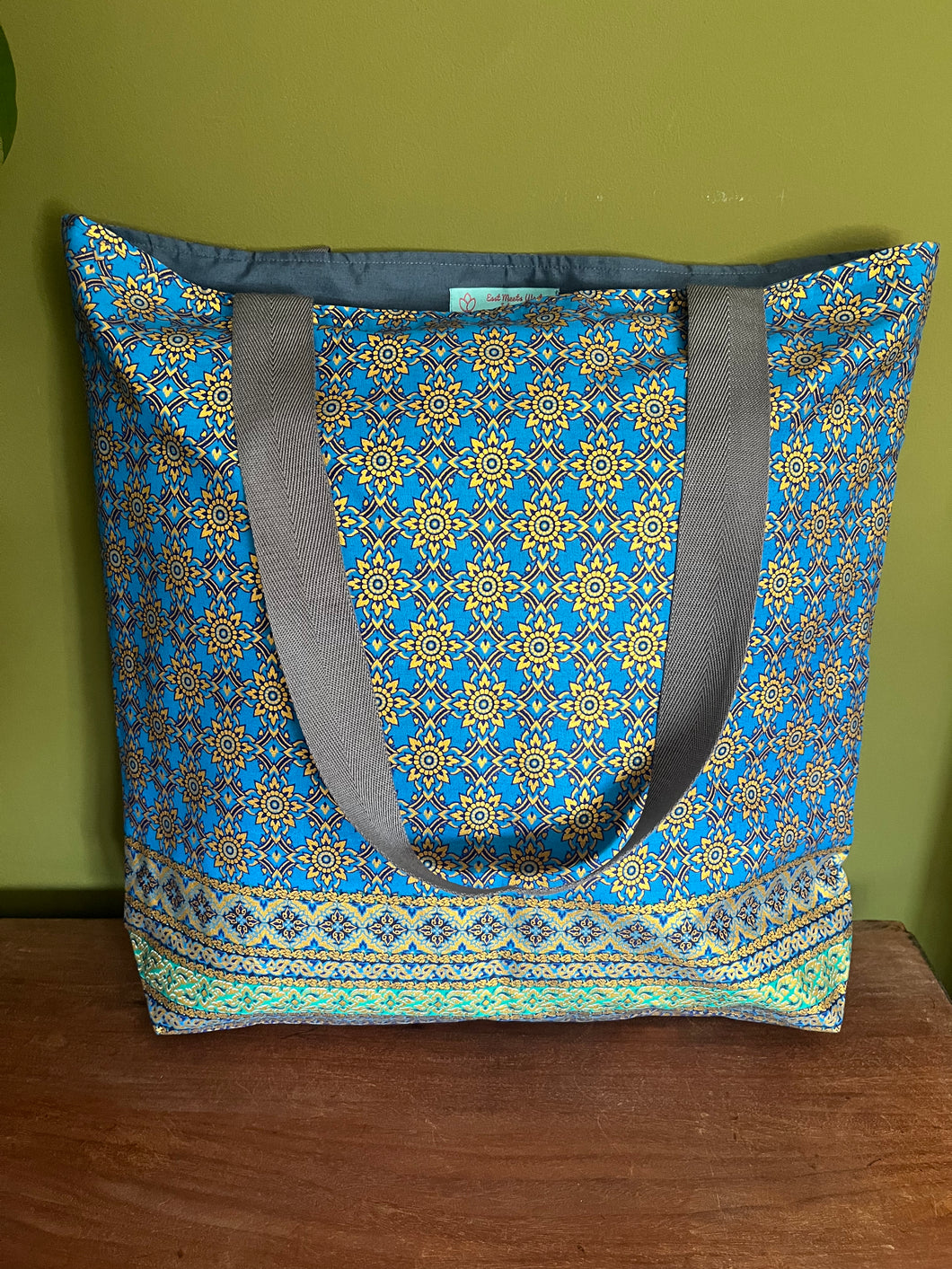 Tote Bag - turquoise and green geometric sunflower print