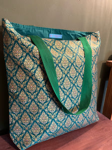 Tote Bag - emerald green and gold traditional Thai geometric print