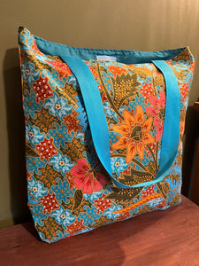 Tote Bag - bottle green, rust red, orange, turquoise and olive batik print