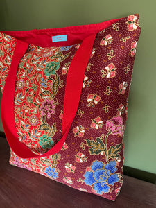 Tote Bag - red and burgundy floral batik