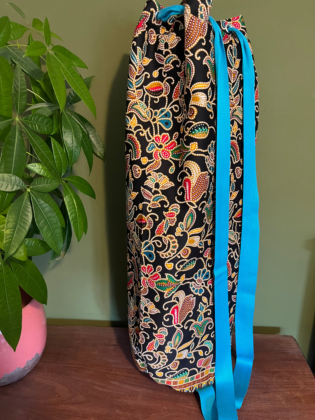 Yoga Mat Bag - black and turquoise dotty batik