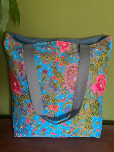 Tote Bag - turquoise and blue batik floral print