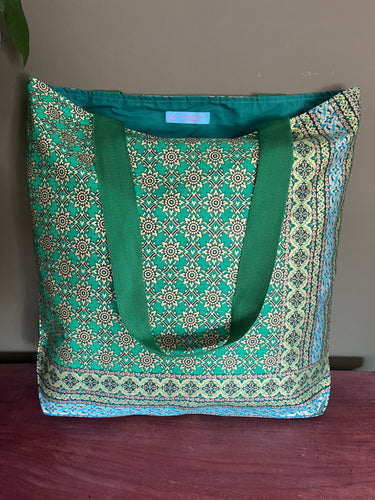 Tote Bag - green and gold geometric sunflower print