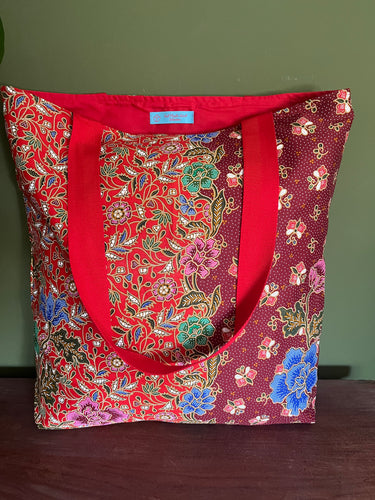 Tote Bag - red and burgundy floral batik