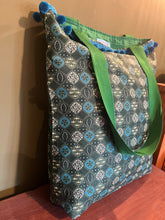 Tote bag - green and teal print with large pom-pom trim