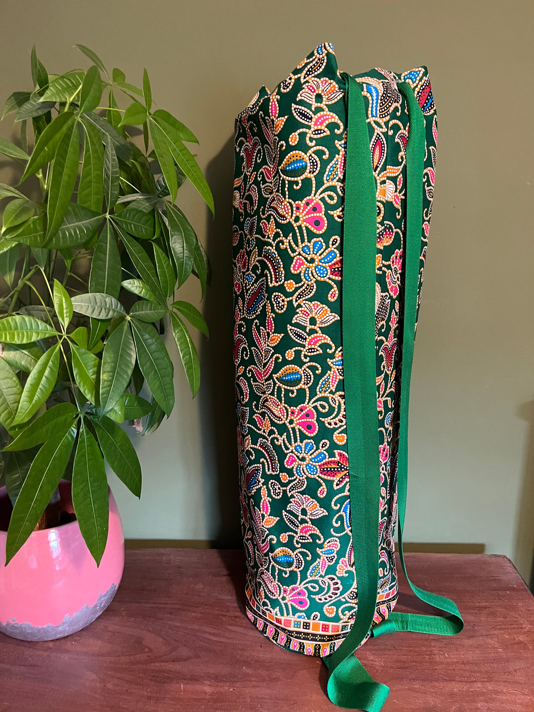 Yoga Mat Bag - emerald green dotty batik