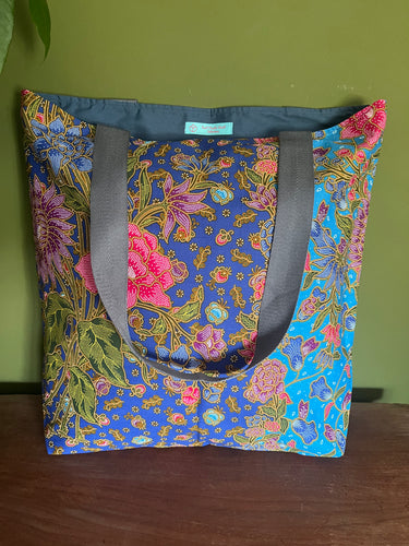 Tote Bag - turquoise and blue batik floral print