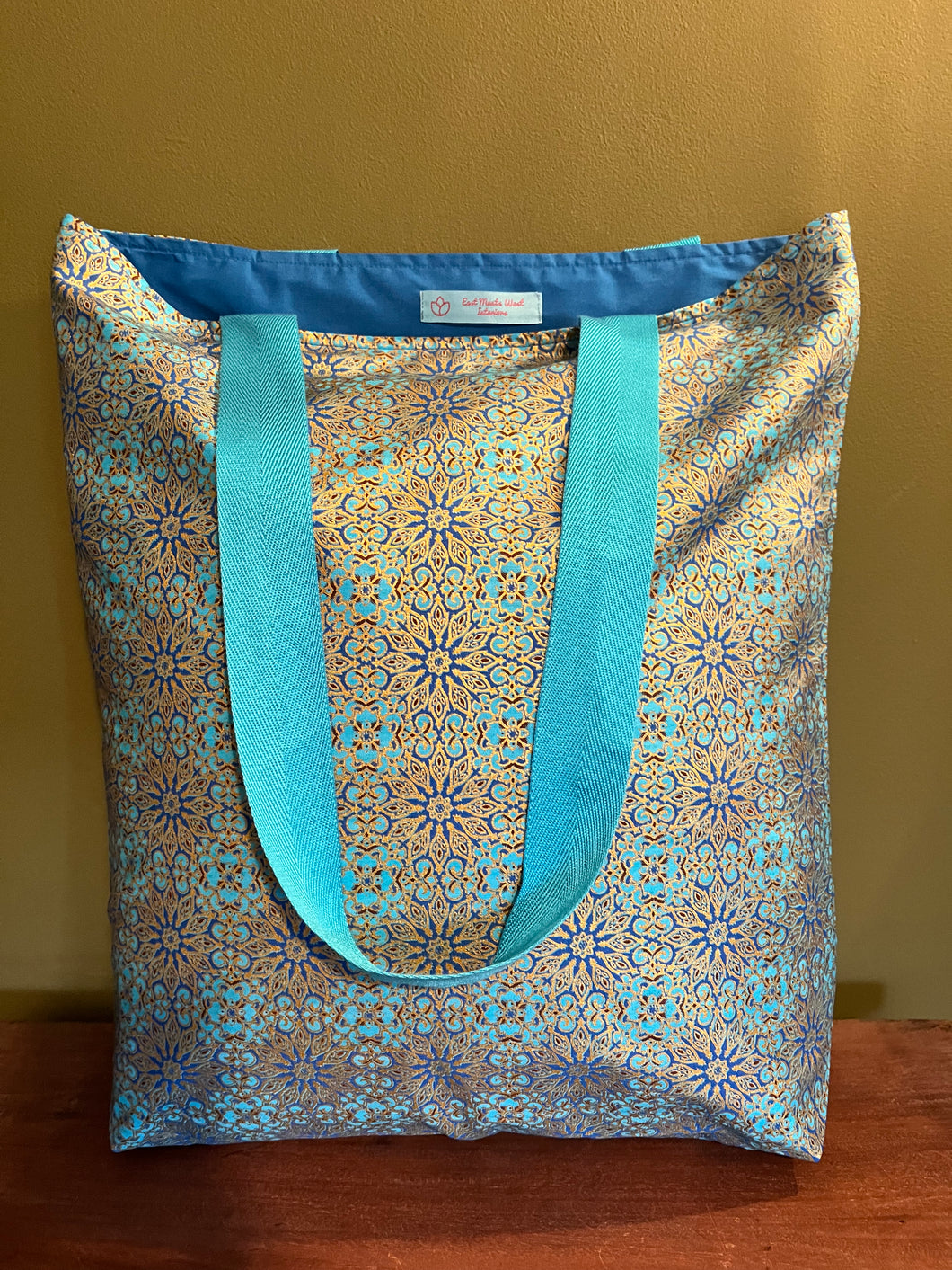 Tote Bag - turquoise and gold mandala type geometric