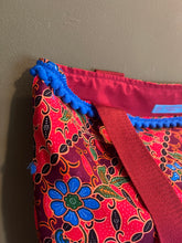 Tote bag - red, burgundy and blue diagonal floral with pom-pom trim