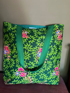 Tote Bag - emerald green and lime swirly floral print