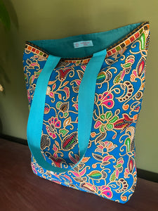 Tote Bag - turquoise, teal, red, pink and orange bold batik print
