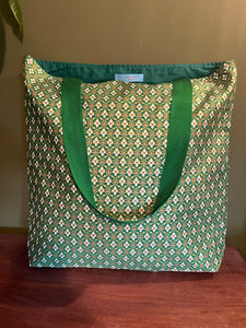 Tote Bag - emerald green and gold traditional Thai geometric print