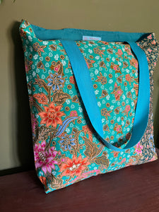 Tote Bag - aqua, pink, orange, turquoise and olive batik print