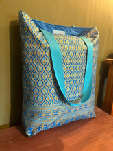 Tote Bag - turquoise and gold geometric print with border