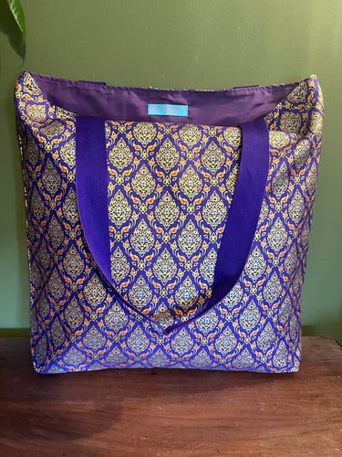 Tote Bag - purple and gold traditional Thai print