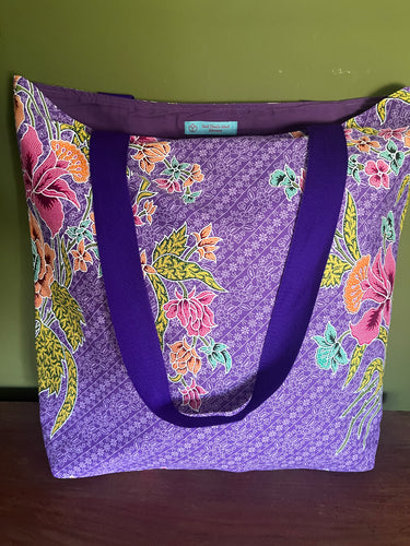 Tote Bag - purple floral diagonal batik