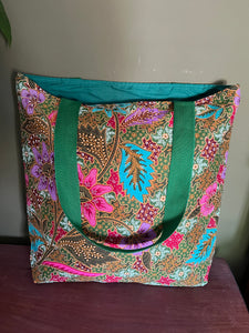 Tote Bag - olive green, pink and turquoise floral print