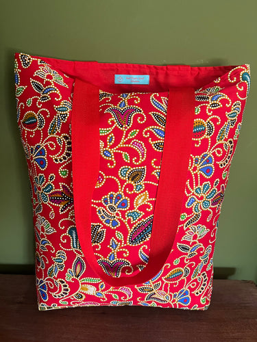 Tote Bag - red, blue, pink, ochre and teal bold batik print