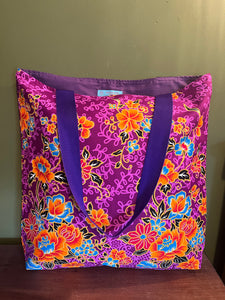 Tote Bag - purple, orange and turquoise swirly leaf batik