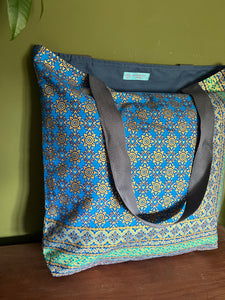 Tote Bag - turquoise and green geometric stripe floral print