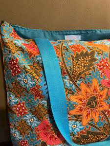 Tote Bag - bottle green, rust red, orange, turquoise and olive batik print