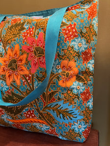 Tote Bag - bottle green, rust red, orange, turquoise and olive batik print