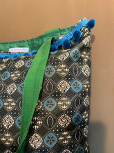 Tote bag - green and teal print with large pom-pom trim