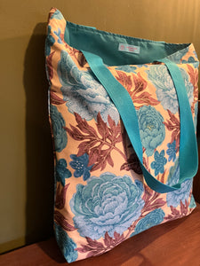 Tote Bag - turquoise, teal and aubergine peony print