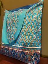 Tote Bag - turquoise, red and gold geometric print with border