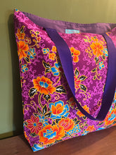 Tote Bag - purple, orange and turquoise swirly leaf batik