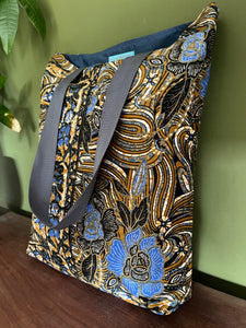 Tote Bag - ochre, mid blue and grey blue batik floral print
