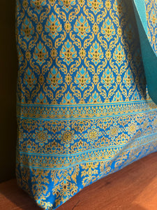 Tote Bag - turquoise and gold geometric print with border