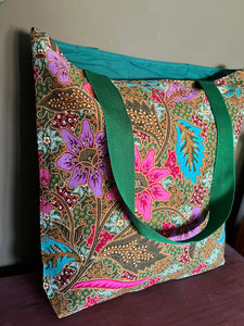 Tote Bag - olive green, pink and turquoise floral print