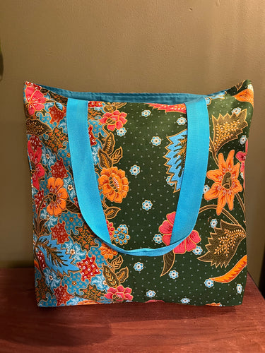 Tote Bag - bottle green, rust red, orange, turquoise and olive batik print