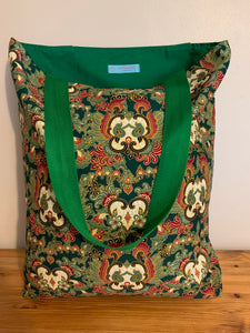 Tote Bag - green, burgundy and white paisley heart print