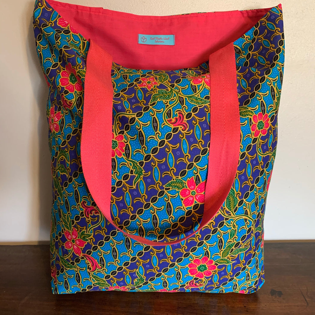 Tote bag - blue, pink and turquoise diagonal floral