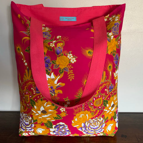 Tote bag - pink, ochre and purple peacock/paisley floral