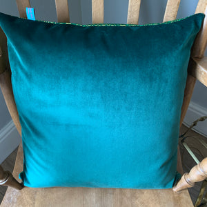 45 x 45 cm square velvet backed cushion cover - green curly geometric