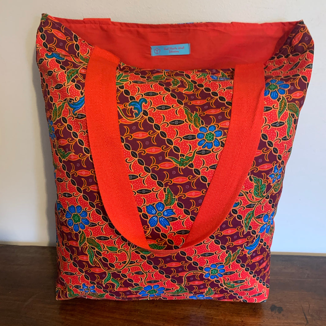 Tote bag - red, russet and blue diagonal floral