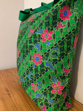 Tote bag - green, pink and blue diagonal floral