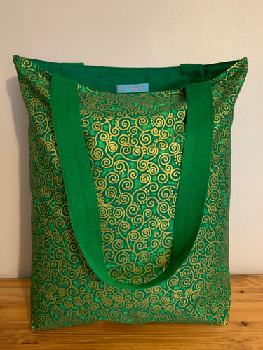 Tote bag - emerald green and gold curly geometric