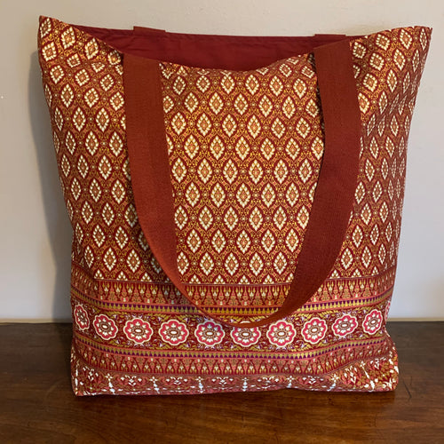 Tote Bag - russet, gold and white geometric with floral border