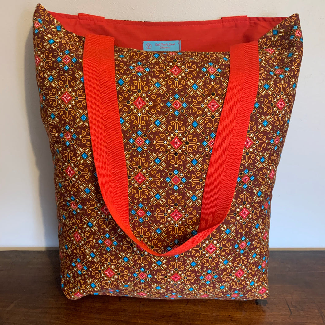 Tote Bag - red, brown, turquoise and mustard geo print